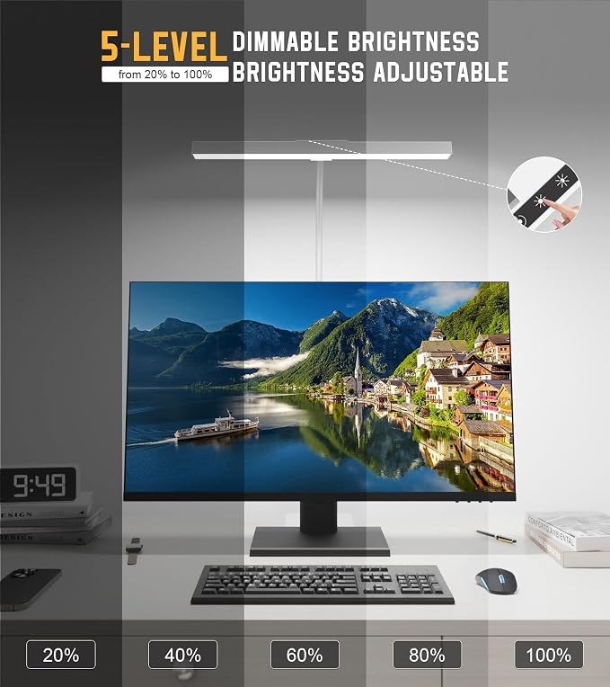 LED Desk Lamp for Home Office with Base, Eye-Caring Desk Light 12W | Tall Lamp for Computer Monitor Task Reading, Adjustable Gooseneck, 5 Dimmable Brightness & Color, Touch Control, Timer
