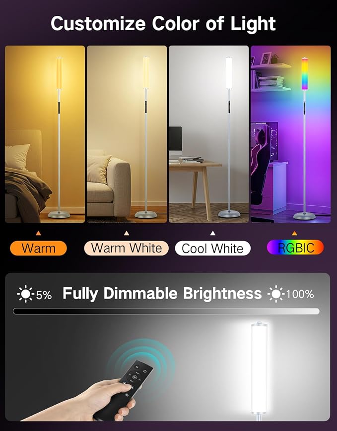 OUTON Bright Smart Floor Lamp with Remote, App & Touch Control, RGB Color Changing Standing Lamp, 2200K-6500K Dimmable, 3 Adjustable Heights, 32 Scenes for Living Room Bedroom Office,Grey
