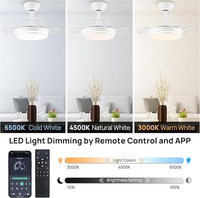 STERREN 30" Retractable Ceiling Fans with Lights, Dimmable LED Ceiling Fan Remote Control, Modern Small Fan Light for Bedroom Living Room Dinning Room Kitchen, 3000K-6500K, 6 Speed (White)
