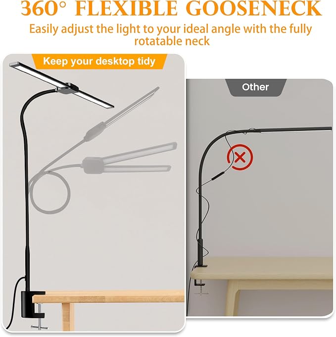 LED Desk Lamp for Home Office, Double Head Computer Monitor Light with Clamp, 5 Color Modes and 3 Brightness Levels, Long Flexible Goose-Neck, USB Eye-Caring Clip on Lights for Reading, Black