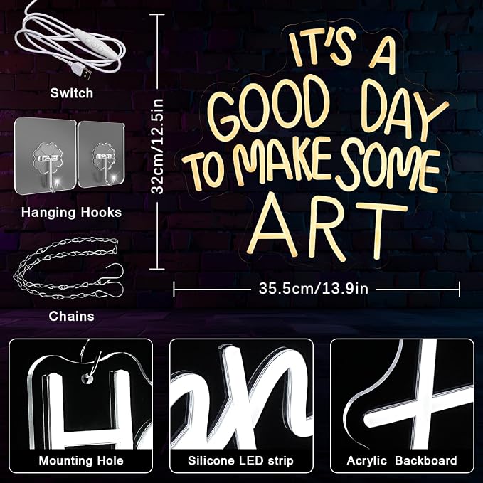It's A Good Day to Make Some Art Neon Sign for Wall Decor Aristic LED Light Paint Neon Light Sign Classroom Neon Sign Dimmable Warm White Art Letter Neon Light for Bedroom Classroom Home Gallery Studio