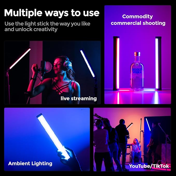PHOTOOLEX Magnetic Light Wand, 360° RGB Tube Light, LED Video Light Stick | 10W/Full Color/CRI 96+/TLCI 97+/2500K-9900K/21 Scenes/Handheld/5200mAh, for Studio Photography Vlog Recording Streaming