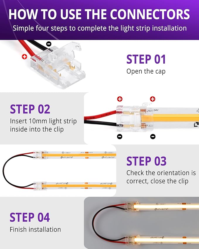HitLights LED Strip Connector 2Pin 10mm Connector Kit Include Gapless Connector, Jumper Connectors, Pigtail Connector, DC Female and Connector, DC Jack Splitter for COB/2835 Single Color LED Strips