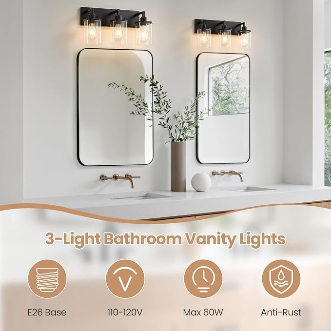 3-Light Bathroom Vanity Light Fixtures, Modern Matte Black Bathroom Lighting Fixtures Over Mirror with Square Clear Glass Shades, Bath Wall Sconce Lights for Dressing Table, Bedroom, Hallway