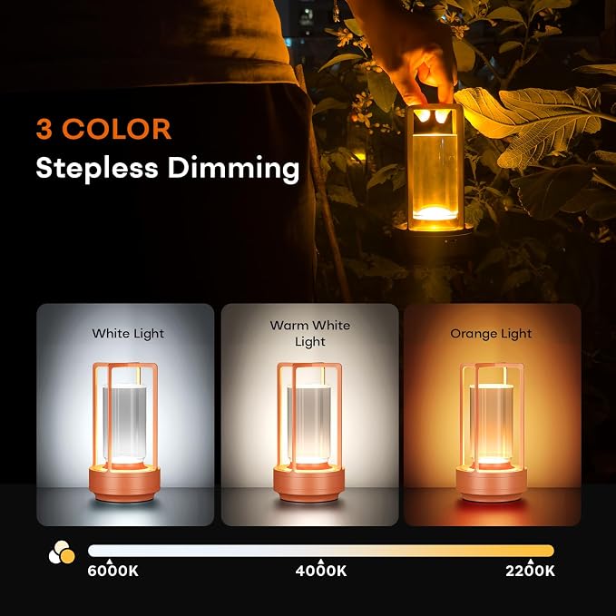 Rechargeable Cordless Small Metal Table Lamp, Stepless Dimming, 3-Color | Gold, 2600mAh Battery, Portable LED Desk Light, Cute, Suitable for Indoor/Outdoor/Restaurant/Bedroom/Bar/Coffee/Camping