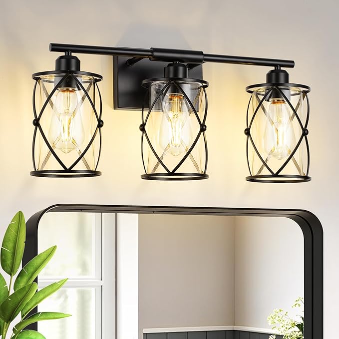 3-Light Black Bathroom Light Fixture, 21 Inch Modern Farmhouse Vanity Lighting Fixtures Over Mirror with Glass and Metal Cage, Wall Sconce Lights for Bath, Rust-Resistant, E26, CH9176BK-3W
