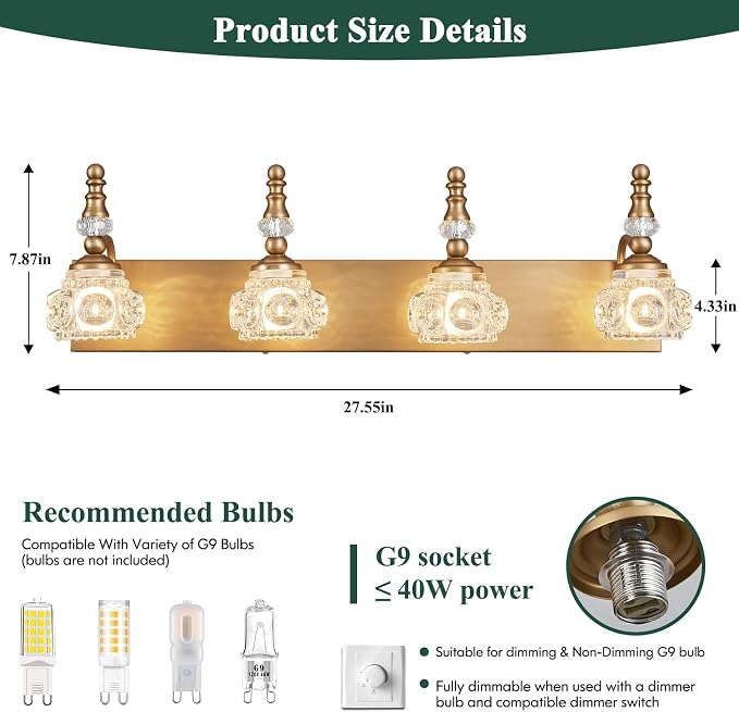 Modern Glass Crystal Vanity Light - Vintage Bathroom Lighting Fixtures Over Mirror, 4 Light Vanity Lights G9 Bulb (27.55 Inch,Brass)