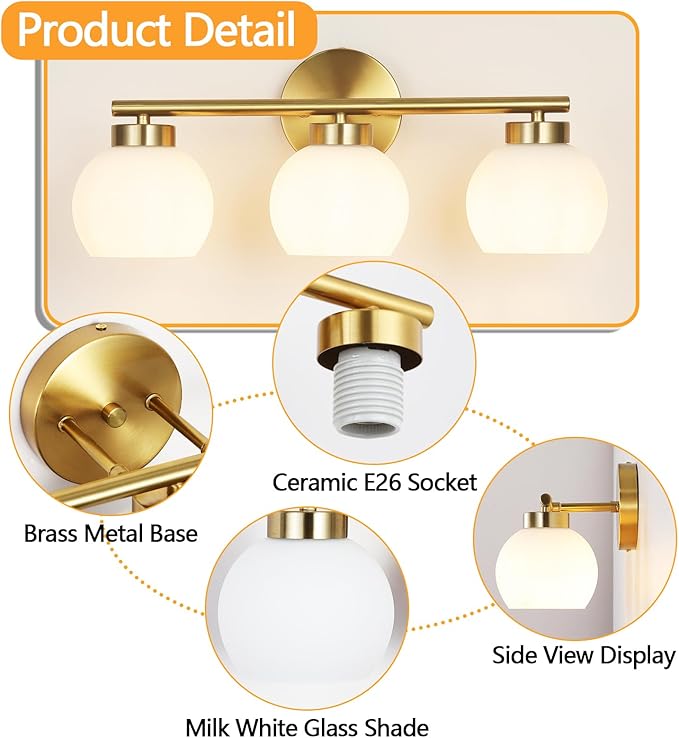 3 Light Bathroom Vanity Light, 20" Brushed Gold Bathroom Light Fixtures Over Mirror with Milky White Glass Globe Shade, Mid Century Modern Brass Wall Sconces, E26 Socket