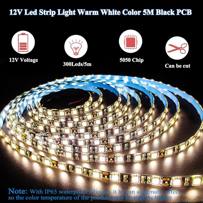 12V LED Strip Light, Warm White 3000K 16.4ft LED Light Strip Black PCB Board SMD 5050 IP65 Waterproof 300 LEDs LED Tape LED Rope Lights for Bedroom, Kitchen Decoration