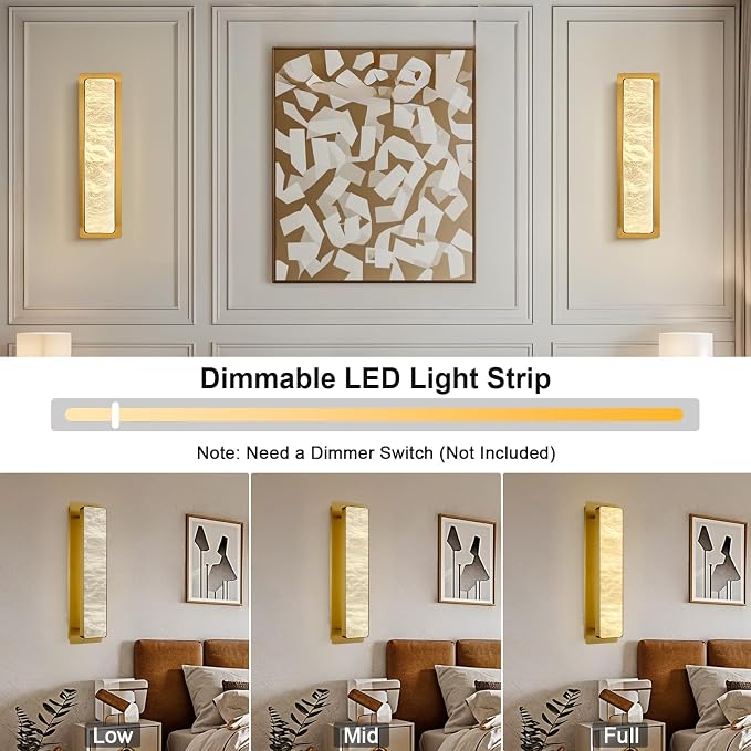 19.7" Brass Alabaster Wall Sconces, Natural Wall Sconce Set of Two, Gold Marble Sconce, Large Rectangular Bedside Wall Lamp Perfect for Hallway, Living Room, Stairs, Dining Room, Bedroom
