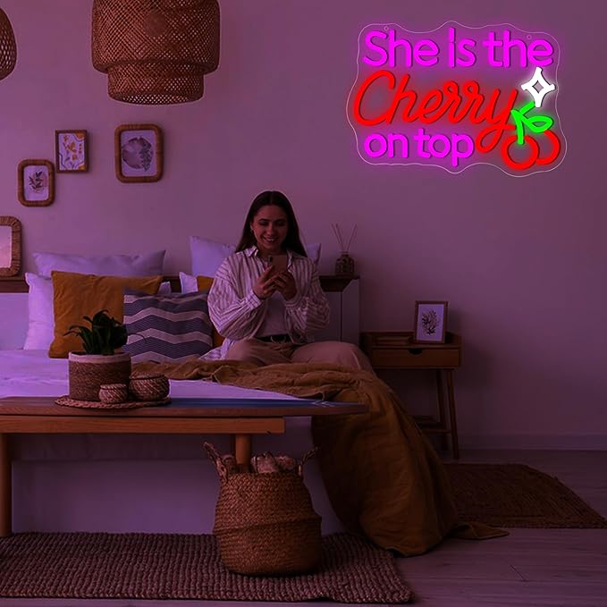 She Is The Cherry On Top Neon Sign for Wall Decor Dimmable Cherry Neon Light for Living Room Light Up Sign for Girl Wedding Party Bedroom Beauty Salon Birthday Gift Art Size 13.7 * 9.7In (WZCP218)