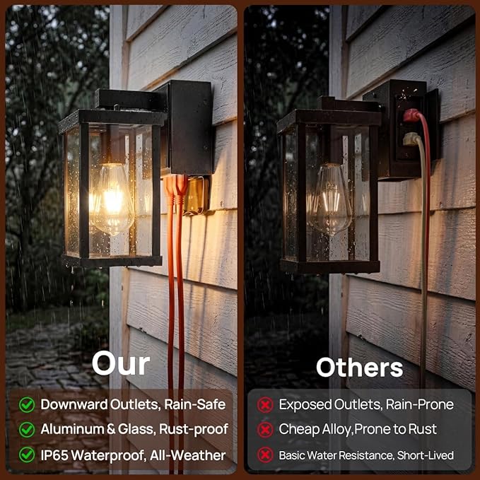Porch Lights with GFCI Outlets Dusk to Dawn Outdoor Wall Lights Waterproof Exterior Lighting Fixtures Modern Outside Lights Wall Mount for House Patio Garage,Black,11.8''H,1PC