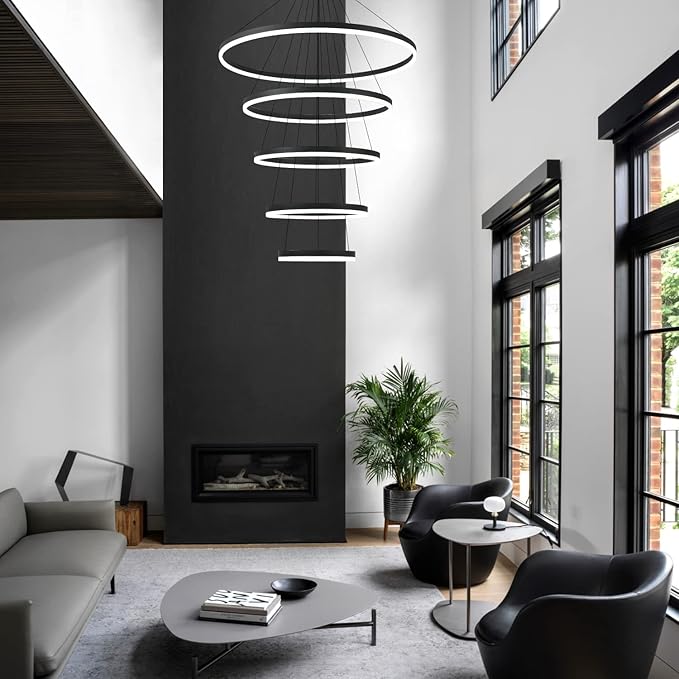 5-Rings Modern LED Chandelier Black Dimmable High Ceiling Chandelier for Dining Room with Remote Control for Foyer Living Room Entryway Staircase(D31.5’’, 3000K-6500K)