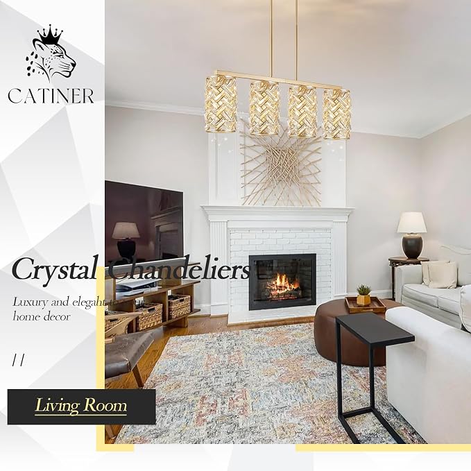 CATINER 40" Gold Crystal Linear Chandelier, 4-Light Kitchen Island Pendant | 40-inch gold crystal linear chandelier with adjustable height, 4 E26 lights, dimmable for kitchen islands and dining rooms