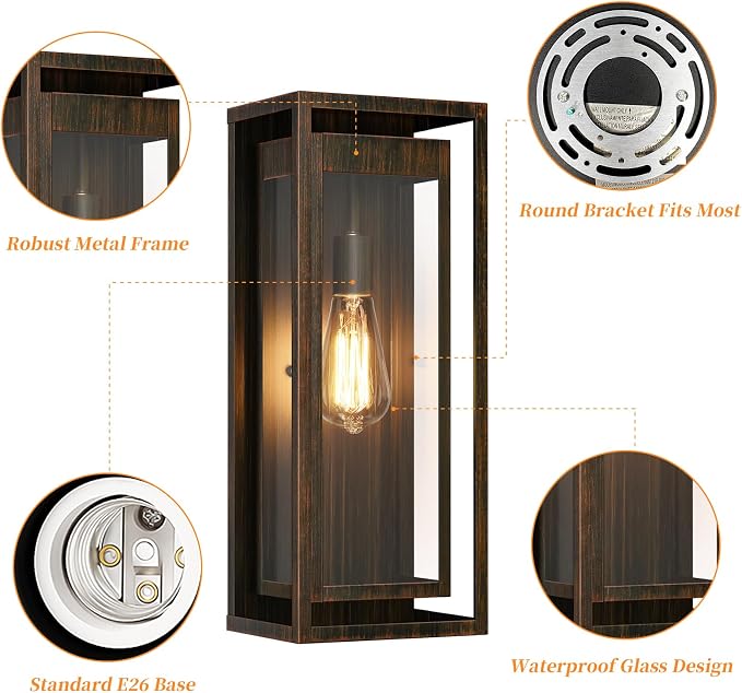 19" Large Outdoor Wall Light Fixtures,Distressed Brown Porch Light | Large Size, Anti-Rust, Waterproof, Tempered Glass, Easy Installation,2Pack Modern Exterior Sconces for House Garage