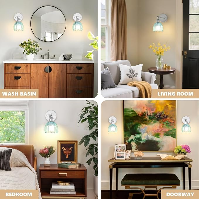 Vintage Battery Operated Wall Sconce, Sky Blue Tulip Glass Lampshade Wireless Rechargeable Battery Powered LED Wall Light with Remote Dimmable for Bedside Bedroom Living Room, Silver, Set of 2