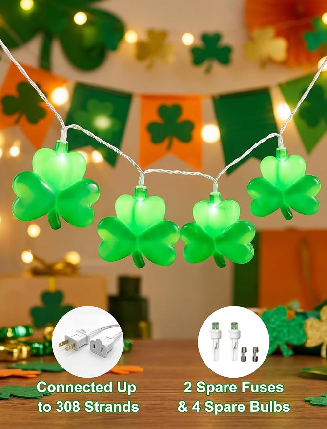 Shamrock String Lights, 8.5Ft St Patrick's Day Decorations with 10 LED Solid Green Clover Lights, Plug in Clover Fairy String Lights for Party Bar Garden Bedroom Party Irish Holiday Decor