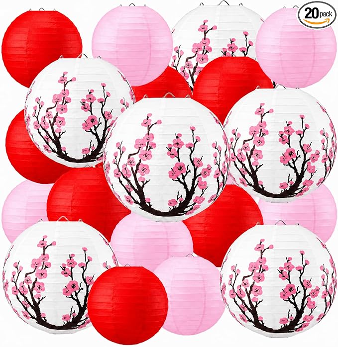 Mudder 20 Pack Cherry Blossom Party Decorations, Pink White Red Hanging Paper Lanterns, Japanese Sakura Theme Decor for Birthday Wedding Garden Party Home Decorations