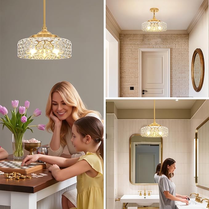 Vintage Pendant Light, Brushed Gold Pendant Lights Kitchen Island with Hammered Glass Shade, Hanging Ceiling Penant Lighting Fixtures with Adjustable Rods for Bathroom, Dining Room, Entryway, E12*3