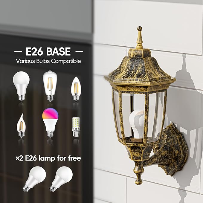 EMART Dusk to Dawn Outdoor Porch Light, Exterior Anti-Corrosion, Waterproof Aluminum & Glass Shades Wall Lamp Fixture, Modern Sconce Lantern for Yard, House, Garage - 2 Pack, Gold （Bulb Included）