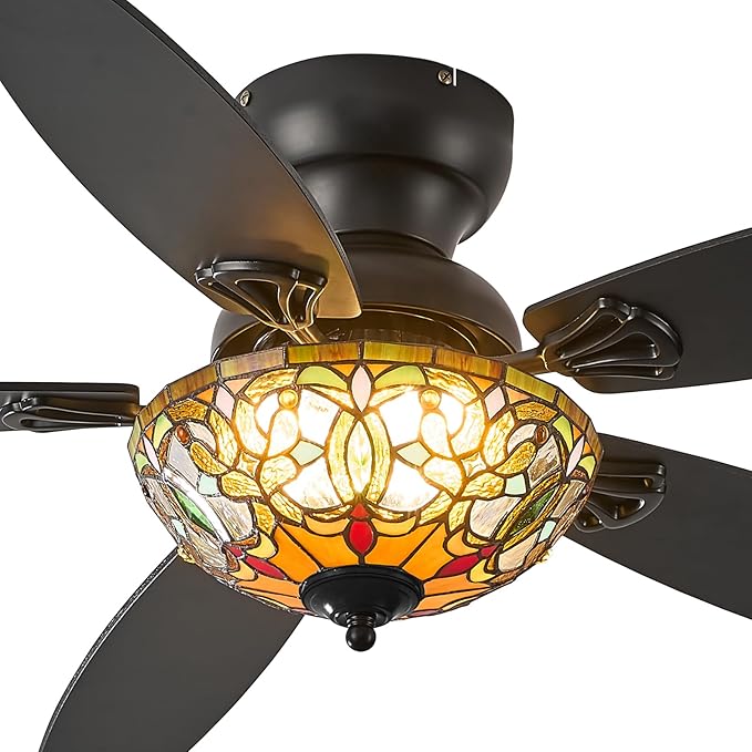 Tiffany Ceiling Fans with Lights-48"Ceiling Fan Chandelier and Glass Shade | 48" Ceiling Fan Chandelier with 5 Dual-Blades and Glass Shade, 6 Speeds and Reversible, Indoor and Outdoor, Retro Style