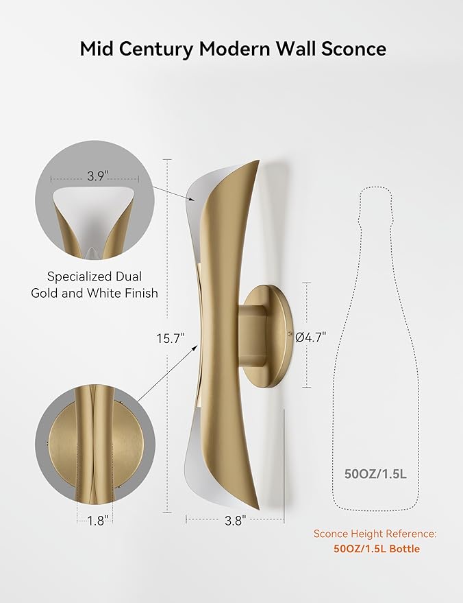 Tubicen Gold Wall Sconce Hardwired Elegant Modern Movie Theater Sconces Lighting Up Down Indoor 15.7" H Dimmable Decorative Accent Wall Lights for Living Room Bedroom Hallway Stairway