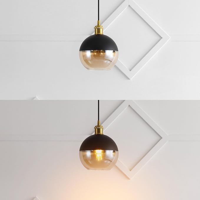 JONATHAN Y Nixon 1-Light 7.5" Globe Pendant, Brass Gold/Black, Set of 2 | Mid-Century Modern, Adjustable, Champagne Smoked Glass Shade, LED Bulbs Included, Metal/Glass Kitchen Island Ceiling Fixture
