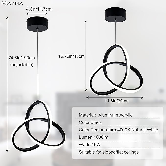 MAYNA Modern Spiral Led Pendant Light, 4000K Natural White Pendant Light Kitchen Island, 18W Adjustable Height Island Light Fixture for Kitchen Bedroom Kitchen Island Cafe, 1 Pack (Black)