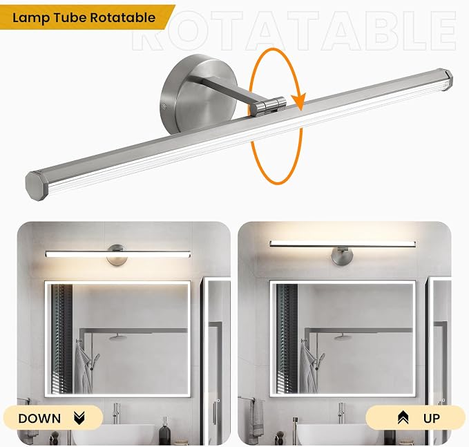 KAISITE Bathroom Light Fixture Over Mirror 30IN Brushed Nickel LED Vanity Light 24W 3000K Dimmable Modern Bathroom Wall Mount Lighting Fixture Rotatable Bath Vanity Light Bar
