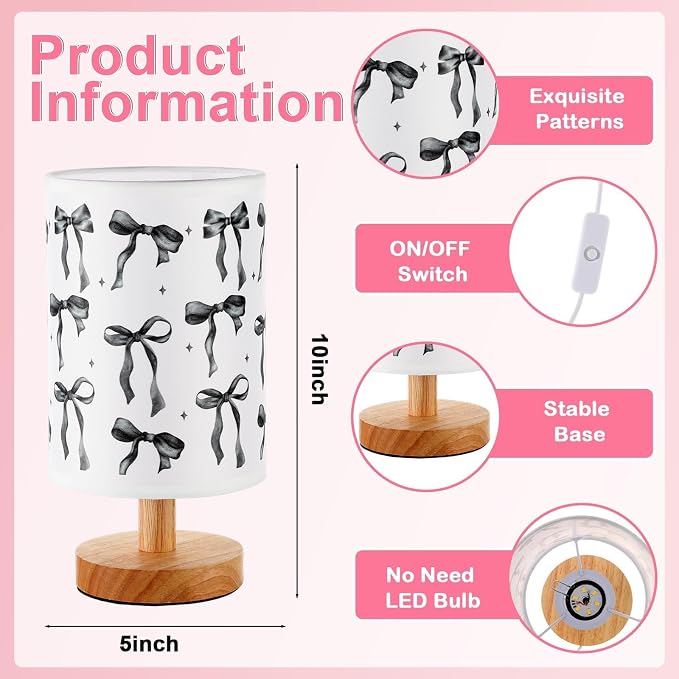 Lonfliness Black Bow Kids Table Lamp Kids Bedside Lamp Bedroom LED Night Light with Linen Wooden Nightstand Cartoon Nursery Lampshade for Girls Boys Living Room