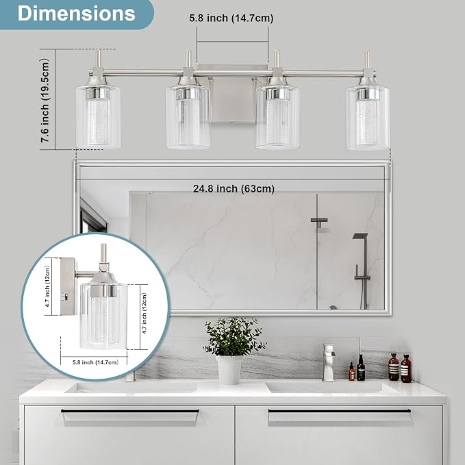Vanity Light with 3 Color Modes (3000K/4000K/6000K), Eye Protection LED Bathroom Light Fixture, Dimmable Modern Wall Light Over Mirror with Clear Glass Shade (Brushed Nickel, 4-Light)