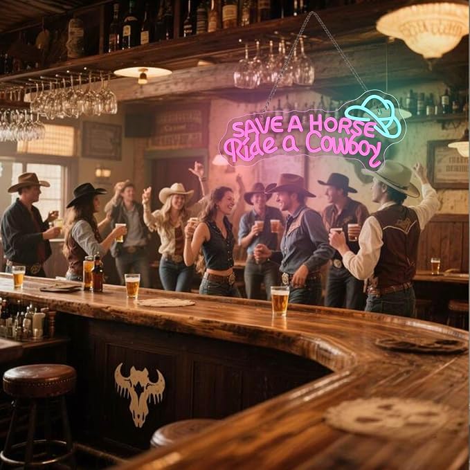 Save A Horse Ride A Cowboy Neon Sign LED Light Western Bar Decor | Funny Cowboy Light Up Sign for Home Bar, Man Cave, Country Room & Parties, USB Powered LED Neon Light, Adjustable Brightness