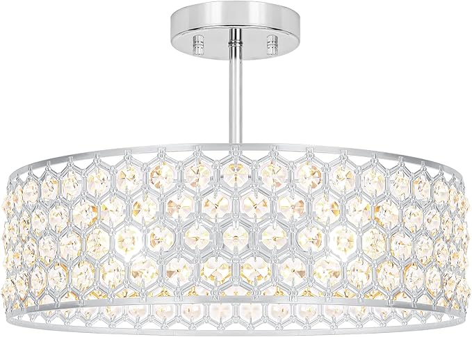 Lxybcce Chrome Crystal Ceiling Light Fixture - Modern Semi Flush Mount Ceiling Chandelier Lighting for Kitchen, Dazzling Prism Chandelier for Bedroom, Bathroom, Dining Room, 5 Light, 16 in