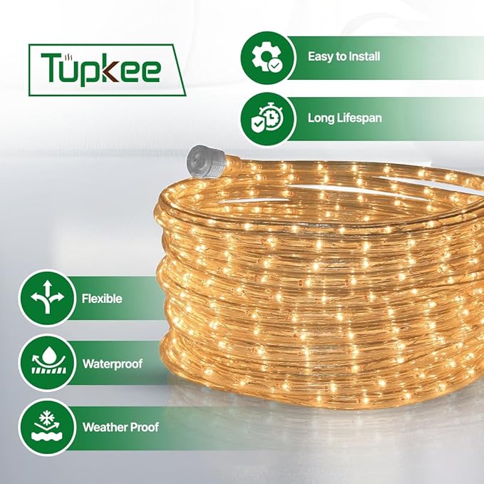 Tupkee Incandescent Rope Light Clear - 24 Feet (7.3 m), for Indoor and Outdoor use - 10MM Diameter - 288 Clear Warm Incandescent Long Life Bulbs Decorative Rope Tube Lights