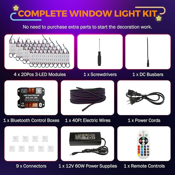 BEAMNOVA 40Ft RGB Commercial LED Storefront Lights Kit, Bluetooth App Control, with Remote, DC 12V Power Supply Transformer, Adhesive Waterproof Strip Light Modules