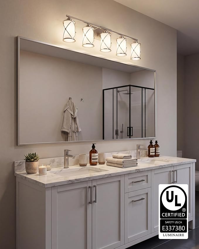 5-Light Brushed Gold Bathroom Light Fixtures Over Mirror, 42" UL-Listed Modern Wall Sconce Lights with Frosted Milk White Glass and Metal Cage for Bath, Hardwire E26, CH9176BNW-5W