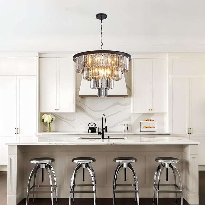 24'' Smoke Gray Crystal Chandelier Black Modern Luxury Light Fixture for Dining Room 4-Tier Round Hanging Pendant Ceiling Lighting for Entryway Foyer Living Room Bed Room Adjustable Height