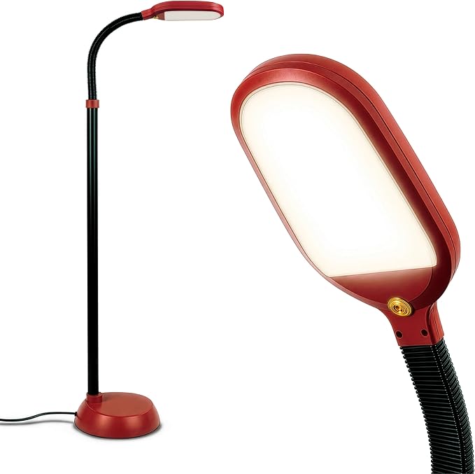 Brightech Litespan - Bright LED Floor Reading Lamp for Over Chair Crafts and Reading, Estheticians' Light for Lash Extensions, Adjustable Standing Lamp for Living Room, Bedroom, Office - Red