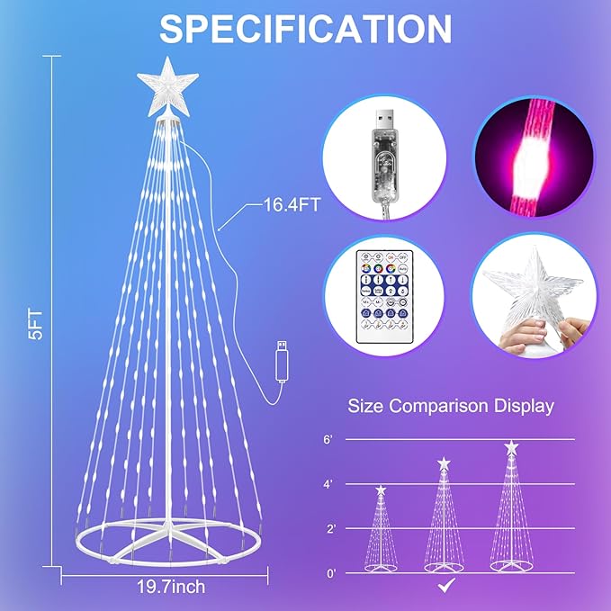 Forlivese 5FT Smart LED Cone Tree Light, USB Powered Valentine's Day Lights with App & Remote, DIY, Color Changing, Music Sync, Waterproof Outdoor Lighted Tree for Yard Porch Valentine Day Decoration