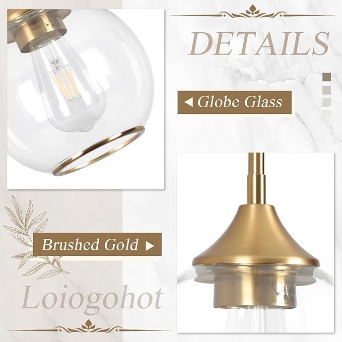 Pendant Lights Kitchen Island,Farmhouse Gold Pendant Light with Clear Glass Globe Shade,6.29" Glass Pendant Light for Brushed Bronze Finish Farmhouse Entryway Dining Room Kitchen Island 2PCS