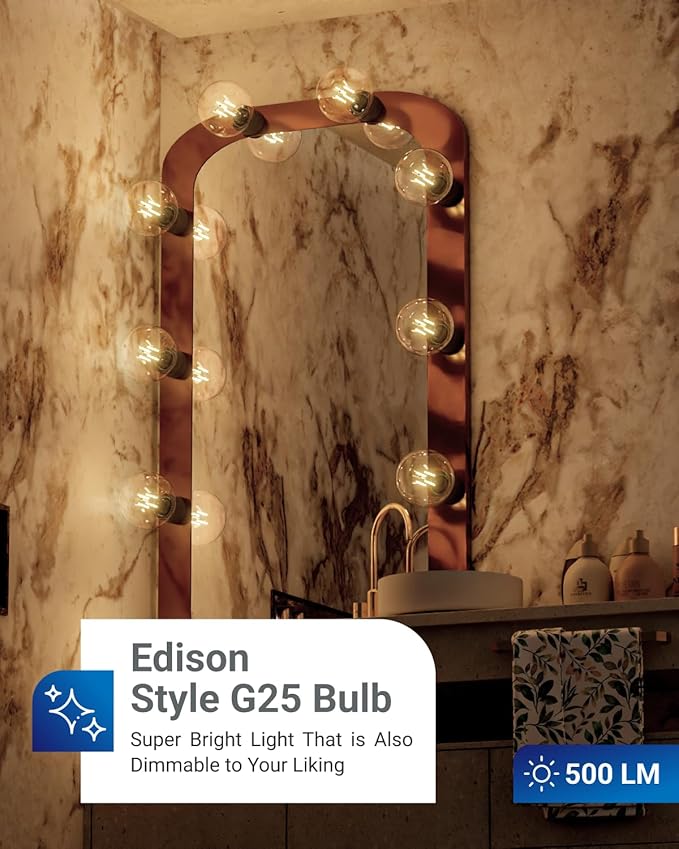 Sunco 6 Pack G25 LED Light Bulbs, Filament Edison Globe, Vanity Lighting Bulb for Bathroom Bedroom, 500 LM, 5W (60W Equivalent), 3000K Warm White, Dimmable, E26 Base, Clear UL
