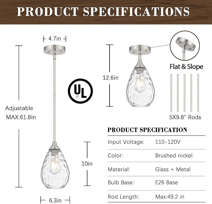 Brushed Nickel Pendant Lights Kitchen Island 2 Pack, Modern Glass Pendant Light Fixtures with Hammered Glass and Rods, Adjustable Small Hanging Light for Kitchen Sink Dining Room Bathroom