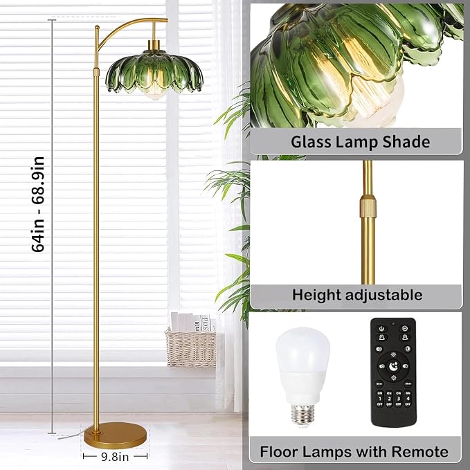 ILLMTW Gold Floor Lamp for Living Room,Bedroom,Mid Century Modern Standing Lamp with Remote,Dimmable Brass Tall Lamp Vintage Retro Green Glass Arc Floor Flower Floor Light Boho Bohemian