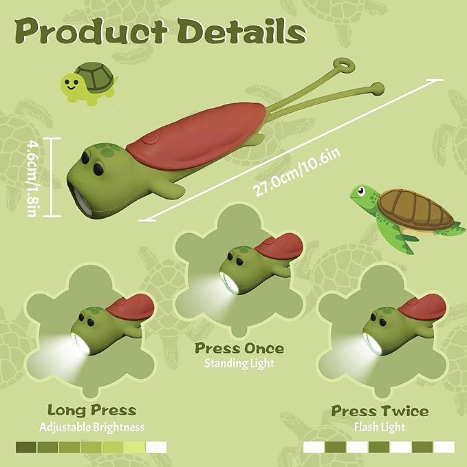 Silicone Turtle Rechargeable Flashlight, Dimmable Hanging Night Light for Camping, Night Walks and Home Use, Animal Themed Themed Portable Torch