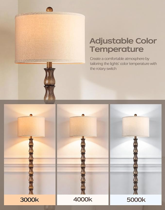 63.5" Rustic Floor Lamp for Living Room, Farmhouse Floor Lamp with Rotary Switch & Linen Shade, Vintage Resin Tall Standing Lamp for Bedroom Corner Office Home Decor, Dark Brown (LED Bulb Included)