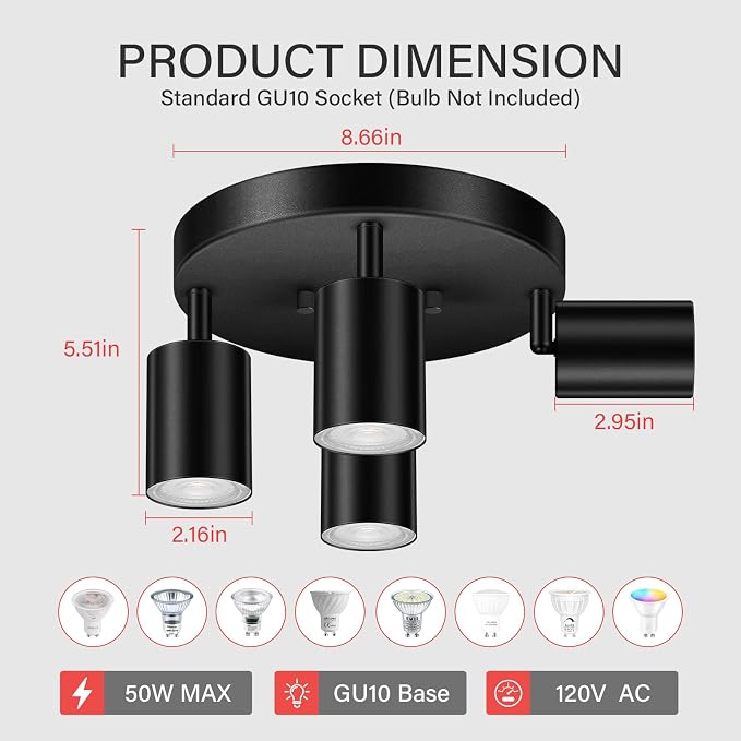 AUQUEE LED 4 Light Track Lighting Kit, LED Track Lighting Fixtures, Black Round Ceiling Spot Lighting, Flexibly Rotatable Light Head for Kitchen, Living Room, Bedroom, GU10 Bulb Not Included