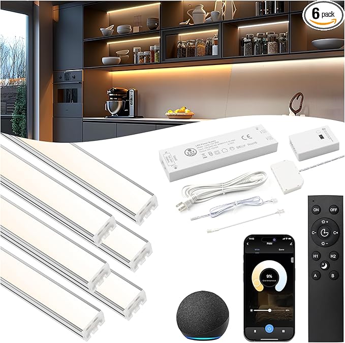 VST Smart Under Cabinet Lighting 6 Bars - UL Listed CRI 93+ Adjustable COB Strip Lights, Alexa & Google Home Compatible, App/Voice/Hand Wave Control for Kitchen Cabinets & Closets | UL Listed CRI 93+ Adjustable Strip Lights, Alexa & Google Home Compati...