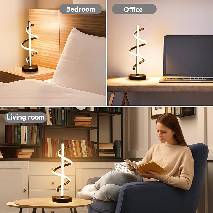 NUÜR LED Table Lamp Black, Diamond Bright Effect, Dimmable, Metallic Bedside Lamp with 3 Colour Temperature, Décor Lamp for Living Room, Bedroom, Office (Black Spiral Table Lamp)