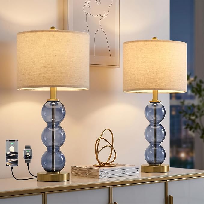 25" Blue Table Lamps for Living Room, Glass Modern Table Lamp Set of 2, USB Charging Ports, Linen Shade, Bedside Lamps for Bedroom, Nightstand, Side Table
