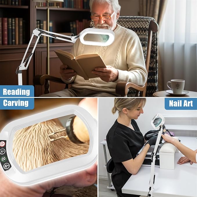 IVMAIE 12X Magnifying Glass with Light and Stand, Real Glass Lens, 5 Color Modes LED Dimmable Lighted, 3-in-1 Floor Lamp with Clamp, Hands Free Magnifier for Reading, Sewing Painting Close Work, White